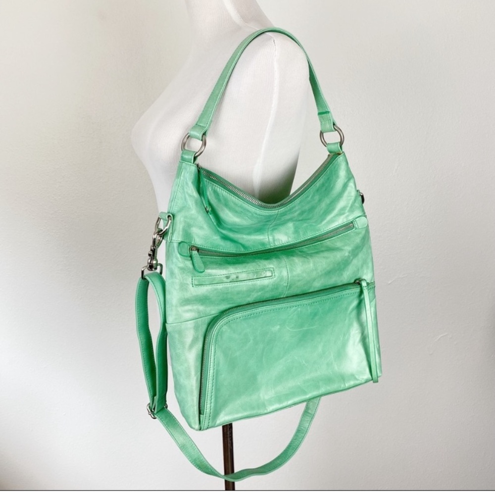 HOBO International Aqua Mint Green Large Leather Messenger / Shoulder Bag